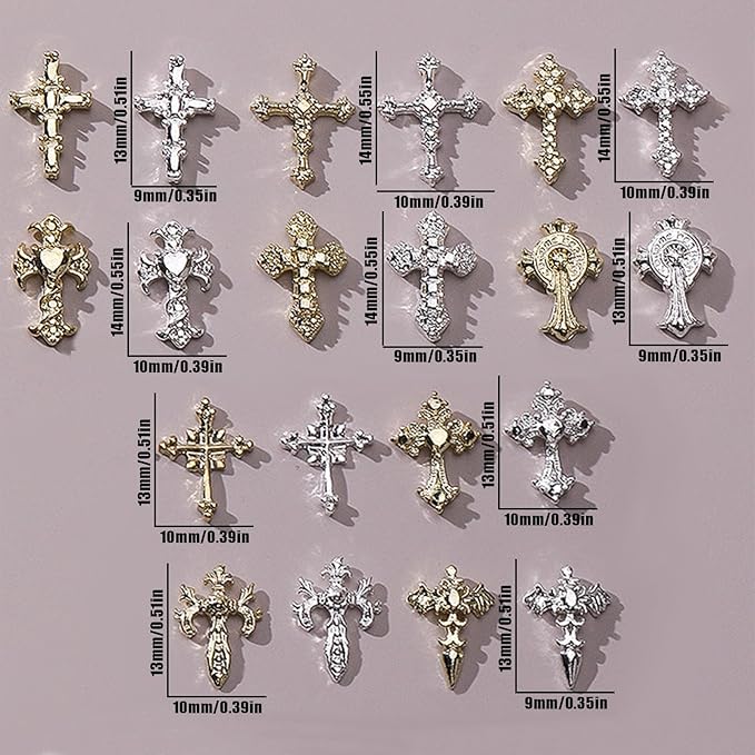 3D Cross Nail Charms for Nail Art, 80 Pcs Metal Crystal Cross Nail Decorations, Alloy Nail Studs and Rhinestones for Women Girl DIY Jewelry Crafts Supplies (80 PCS Gold+Silver)