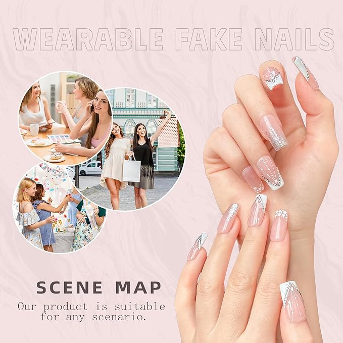 Luxury Handmade Press-on Nail Art – 3D Rhinestone Silver Glitter False Nails，Nude Gradient French Acrylic Nails， Reusable Self-Adhesive White Fake Nails.(M-10PCS)