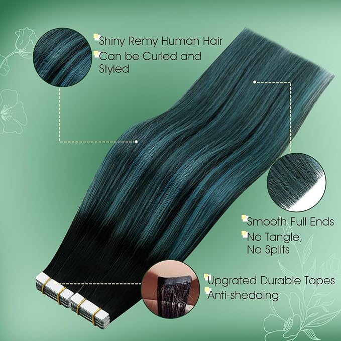 RUNATURE Ombre Tape in Hair Extensions Human Hair Off Black Fading to Teal Blue Tape ins Human Hair Extensions 16 Inch Straight Dark Green Extensions Hair Tape in Blue Full Ends 50g 20pcs