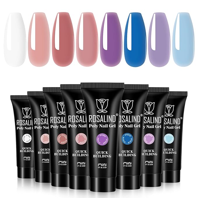 ROSALIND Poly Nail Gel Set, 8 Colors Blue Purple Poly Extension Gel Nail Set, Nude White Poly Nail Gel Kit Builder Nude Gel Extension Kit for Nail Art Easy DIY Gift for Women