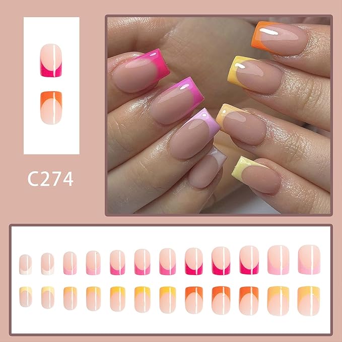 Colorful French Tip Press on Nails Short Square Fake Nails Press ons Cute Rainbow Glossy Full Cover Glue on Nails Nude False Nails Acrylic Stick on Nails for Women Girls 24 Pcs