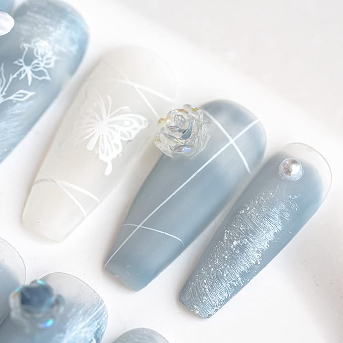 Sun&Beam Nails Handmade Press On Nail Coffin Ballerina 3D Accessories Blue Acrylic Fake Tip Design Art Charms Cute with Storage Box 10 Pcs (008 L)