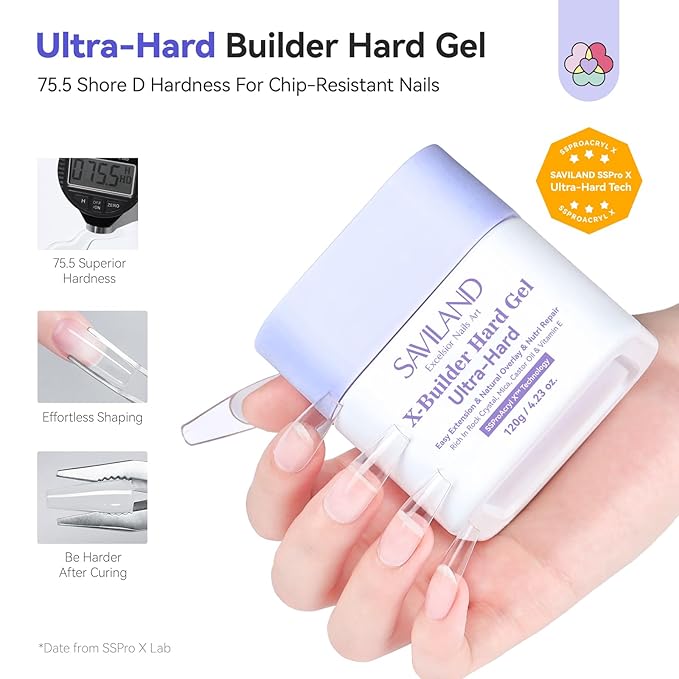 SAVILAND SSProX Ultra Hard Builder Nail Gel: 120 g Clear Plant-Based Hard Gel for Nails Mica Vitamin E Castor Oil U V 3D Nail Extension Gel Strengthening & Thickening DIY Home Use