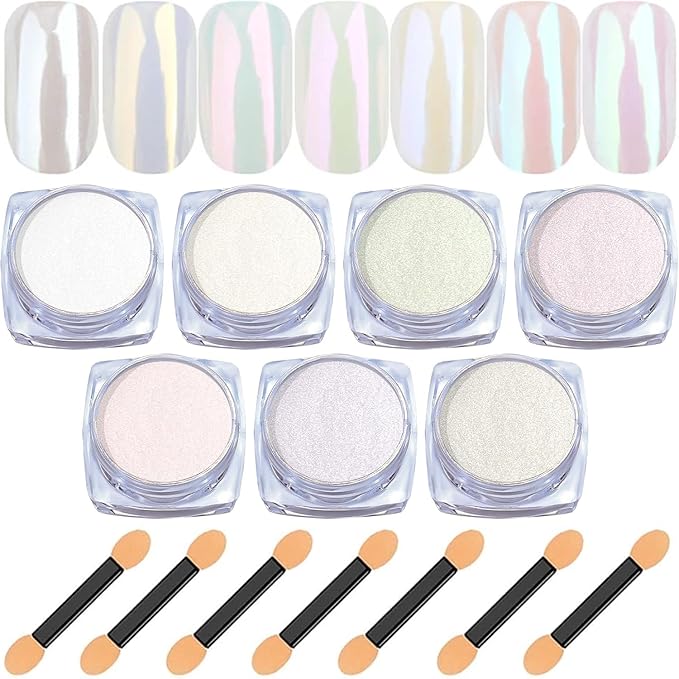 White Pearl Chrome Nail Powder: 7 Colors Iridescent Aurora Chrome Powder Pearl Mirror Effect Glitter Powder Pearlescent Ice Transparent Mermaid Pigment Dust for Nail Art Decoration