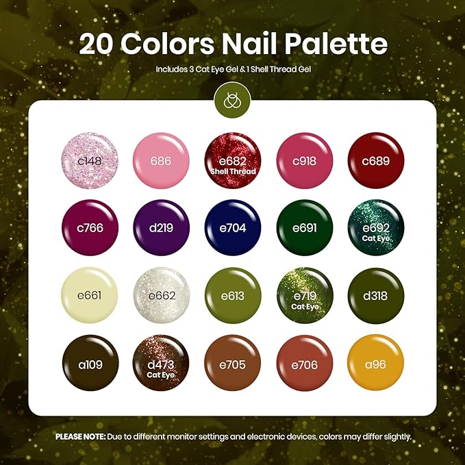 Beetles Cat Eye Gel Nail Polish Set - 20 Colors Gel Polish Nail Set Burgundy Brown Green Nail Polish Glitter Pearl Nail Manicure with Base Coat Matte&Top Coat Soak off Valentines Gift for Women