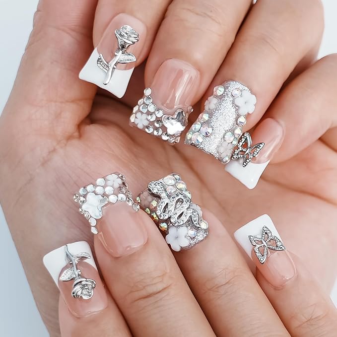 Handmade Press on Nails Short Duck White French Tip Thick Acrylic Fake Nails 3D Floral Metallic Rose Butterflies Luxury Rhinestone Design (Silver Ash Butterfly Sheen,S)