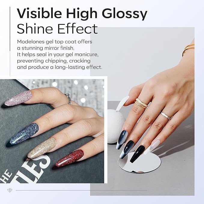 modelones Gel Top Coat, 2Pcs Clear Glossy Finish No Wipe Top Coat Winter Gel Nail Polish, Acrylic Nails Soak Off Nail Lamp Nail Art Home and Professional Manicure 10ML