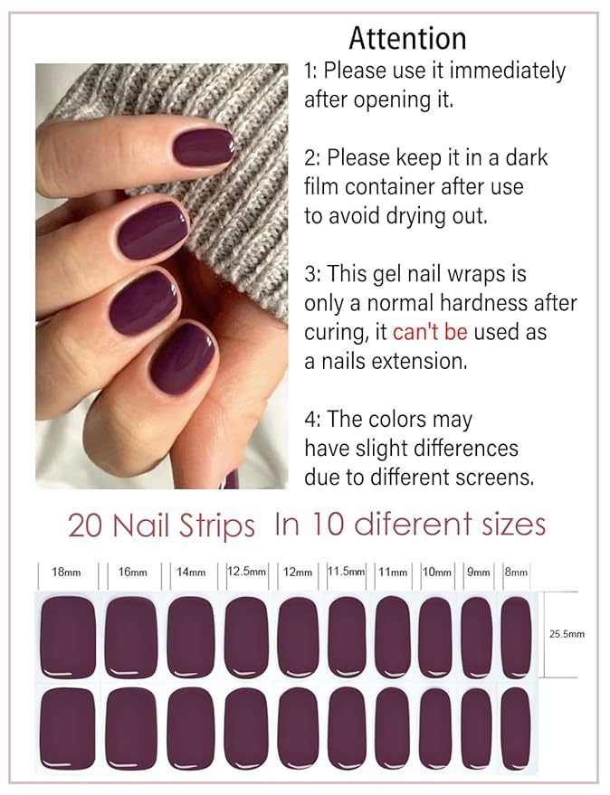 Semi Cured Gel Nail Strips, 20pcs Purple Plum Gel Nail Stickers Work with UV, Easy to Use and Remove