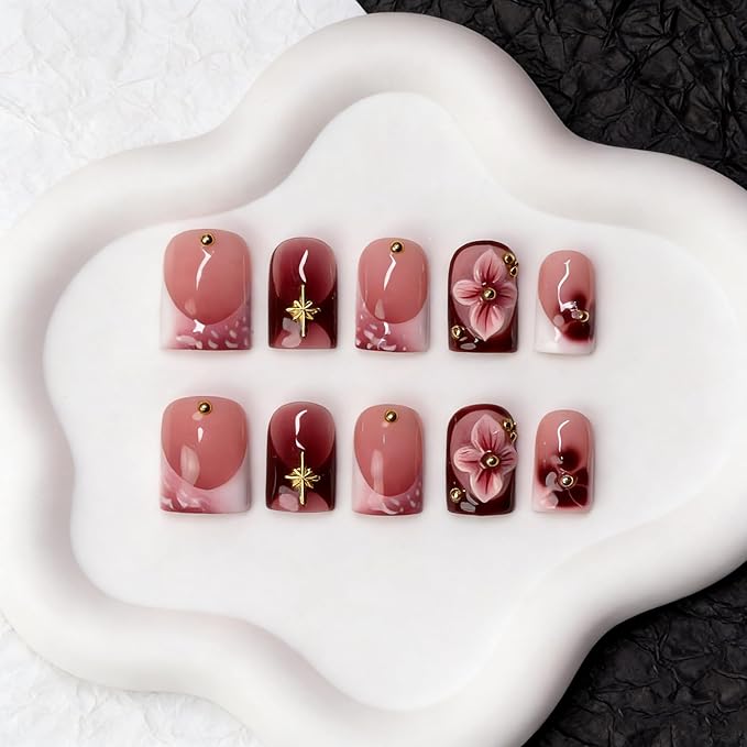 Handmade Press on Nails Glossy Cherry Red False Nails with 3D Flower & Golden Steel Designs Gradient French Tip Thicked Fake Nail Full Cover Muti-Layer Gel Acrylic Stick on Nails for Women (S)