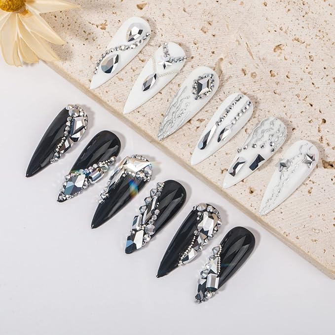 Nail Rhinestones Kit 9080PCS Flatback Rhinestones for Nail Crystals Decoration Nail Hearts Multi Shapes Mix Size and Metal Beads Pearl Gold Silver with Glue Gel and Pen Brush Tweezers(Mine Silver)