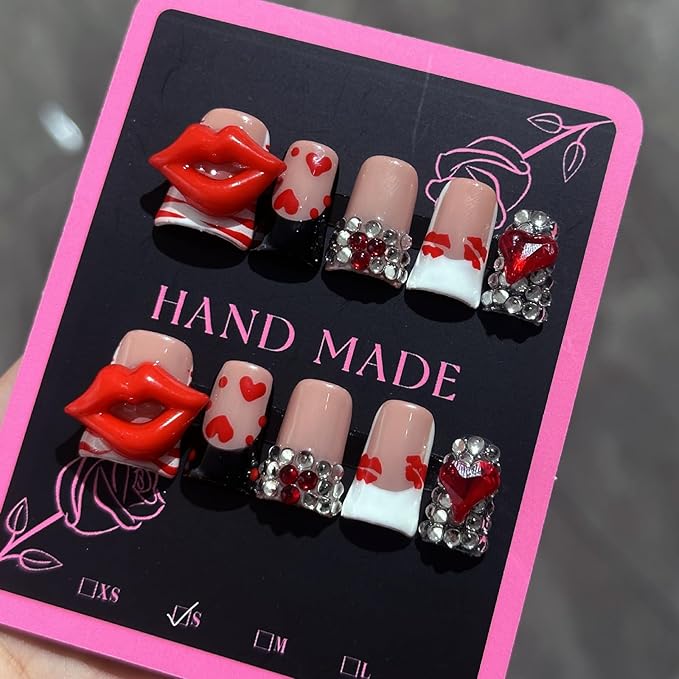 10Pcs Valentines Duck Press on Nails Handmade French Tip Press on Nails Short Duck Fake Nails Valentines False Nails with 3D Red Lips Heart Rhinestone Design Artificial Glue on Nail for Women (S)