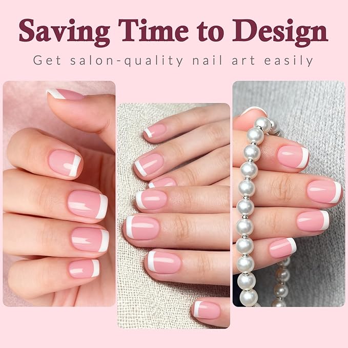 240PC White French Tip Press on Nails Short Fake Nails Press ons with 5*Adhesive Tabs, Pink Square Acrylic Nail Press on Nail French Tip Nails False Artificial Fingernails Stick on Nails-C