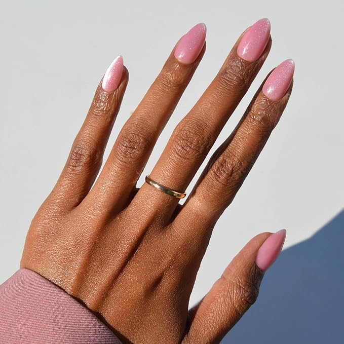 Valentines Day Glamnetic Press On Nails - Shine For You | Short Almond Fake Nails in Pink Velvet Base with Silver Tips in a Velvet Finish, Salon Quality | 15 Sizes - 30 Nail Kit with Glue