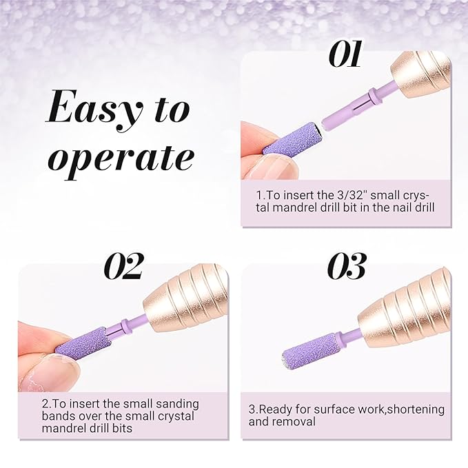 MelodySusie Small Crystal Top 3.1mm Mandrel Bit for Nails, 3/32'' Easy Off Nail Drill Bits for Sanding Bands, Suitable for Acrylic Nails Gel Manicures and Pedicures, Purple