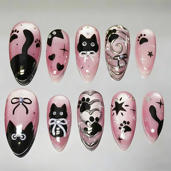 24Pcs Pink Glitter Press on Nails Medium Almond Fake Nails Cute Cat Black Bow Star False Nails with 3D Silvering Heart Vortex Gems Design Full Cover Glue on Nails Artificial Stick on Nail for Women