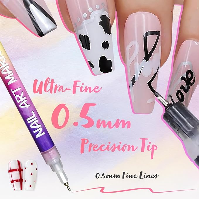 12 Colors Nail Art Pens Set, 2026 New Nail Art Markers with 0.5mm Fine Tip, Waterproof & Quick-Drying Nail Art Pens for Painting Nails, DIY 3D Nail Art Design, Portable Nail Tools for Home Salon