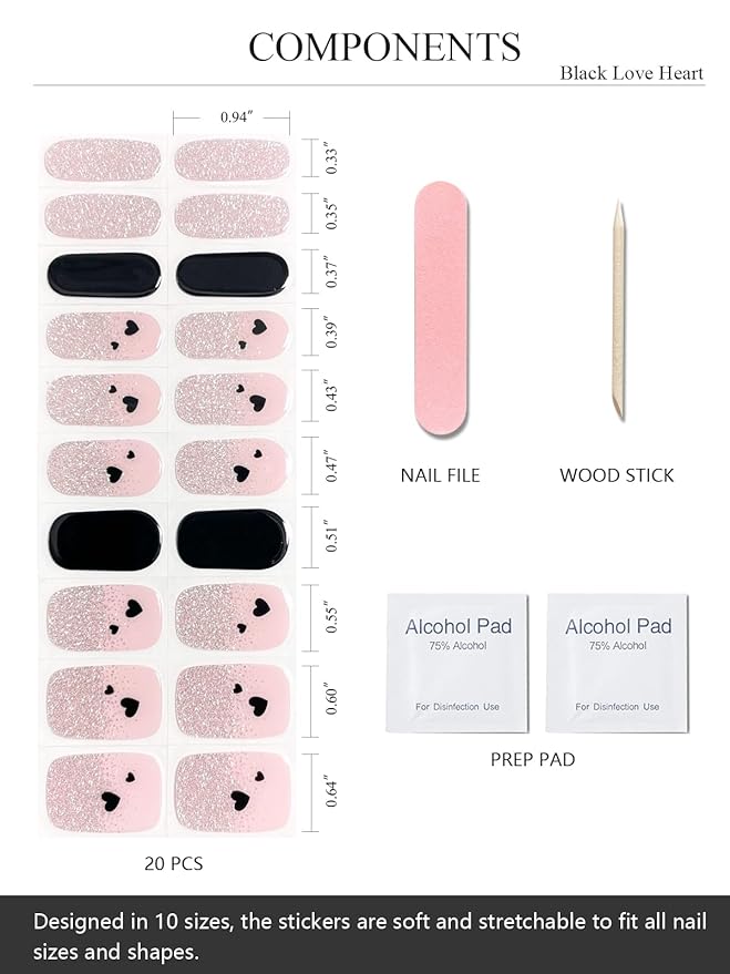 Semi Cured Gel Nail Strips (Black Love Heart), 20 Pcs Gel Nail Wraps, Stickers, UV Light Required, Salon Quality, Long Lasting, Valentines Day Gift