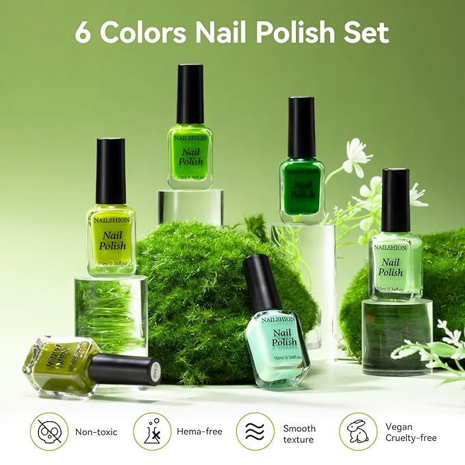 Green Nail Polish Set - 6 Colors Light Dark Green Olive Teal Natural Milky Gree n Shade for All Seasons, Quick Air Dry Non Gel, Nail Art DIY at Home Manicure Gift for Women Girls