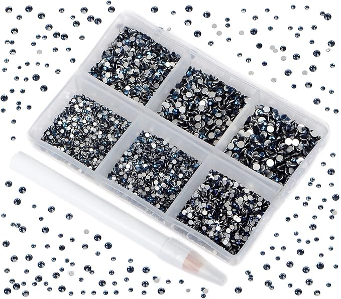 Bymitel 7200 Pieces 6 Mixed Sizes Glue Fix on Glass Rhinestones Round Crystal Gems Flatback for DIY Jewelry Making with one Picking Pen(6-Sizes 7200PCS, Montana)