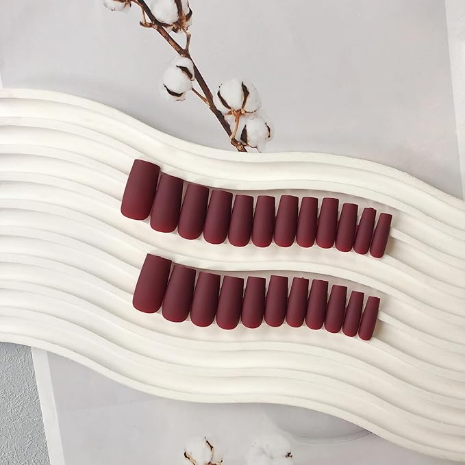 KQueenest Matte Wine Red Press on Nails Long Medium Square, Burgundy Red Fake Nails Medium Coffin, Sheer Color Acrylic Nails Press ons, Reusable Soft Gel Glue on Nails for Women Fall Winter
