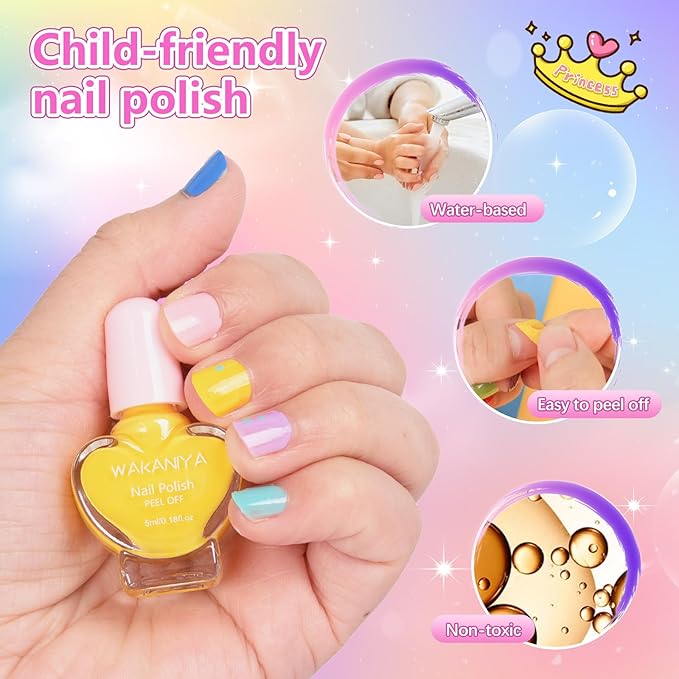 wakaniya Kids Nail Polish 12 Colors Girls Nail Kit with Glitter Stickers and PVC Organizer Bag Non Toxic, Quick Dry Peel Off Safe Nail Polish