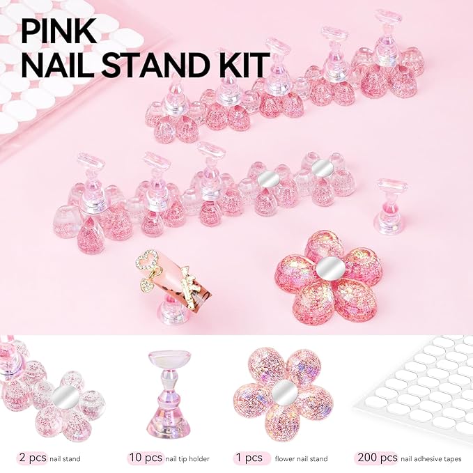 Nail Stand for Press On Fake Nails Painting Display Practice, Powerful Magnetic Nail Holder for Diy Design, Single Flower Nail Stand with 200 PCS Double-Sided Tapes, Nail Tools for Home Salon