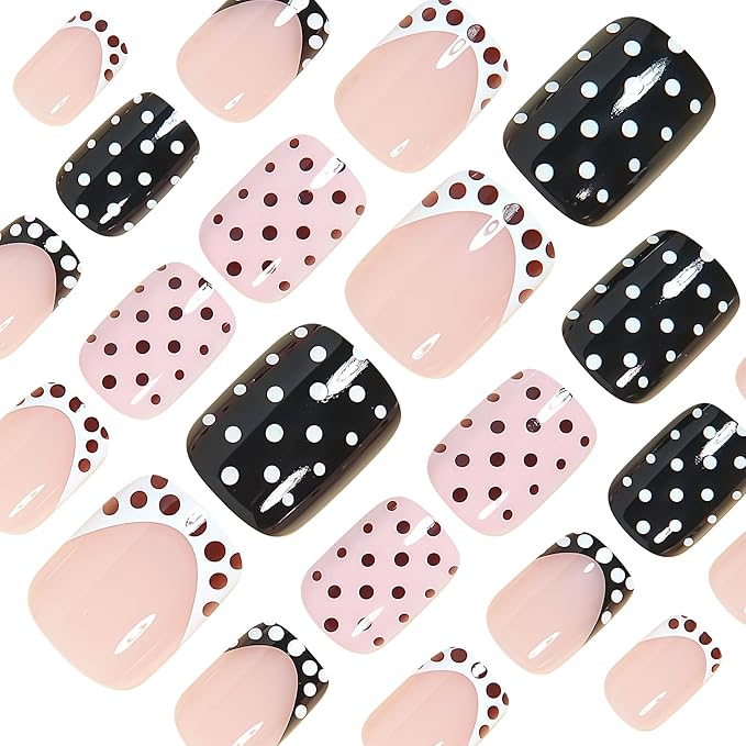 Polka Dot Press on Nails Short Square Fake Nails French Tip False Nails Cute Polka French Acrylic Nail Glossy Full Cover Glue Stick on Nail for Women Manicure 24Pcs