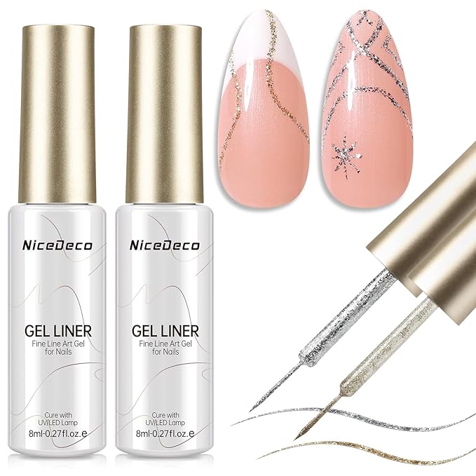 Nicedeco Gel Polish Nail Art Liner Gel 2 Colors, Hema Free, Cruelty Free, Vegan, Metallic Nail Design for Chrome French Manicure