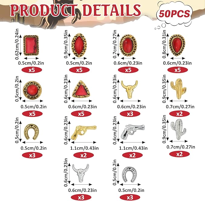 50 PCS Western Nail Charms - Red Turquoise Charms 3D Multi Shapes Western Nail Art, Cowboy Cowgirl Vintage Turquoise Gem Stones, Red Marble Gems Stickers Accessories for DIY Art