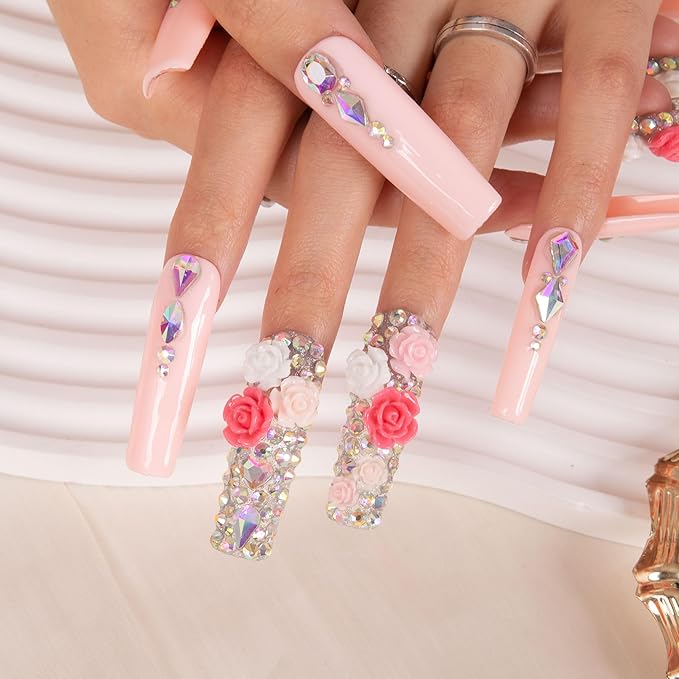 LOVFUL Press on Nails Rose Garden| Handmade with Full Covered Crystals| Reusable Fake Nails| Square Mid length 1.7in| H107-L
