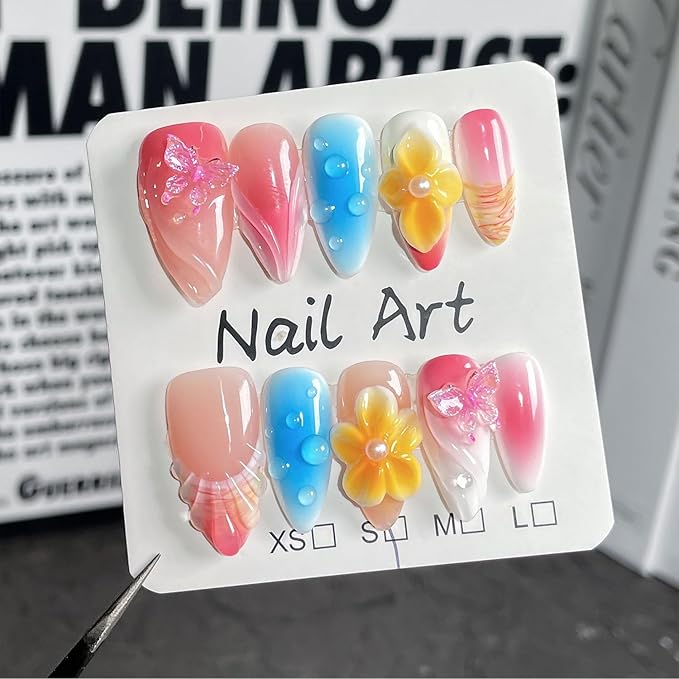 Medium Almond Press on Nails Luxury Handmade Nails with Glue,5D Flower Art False Nails with Butterfly Charms Designs Handmade Nail Press ons Muti-Layer Gel French False Nails for Women (Size S)
