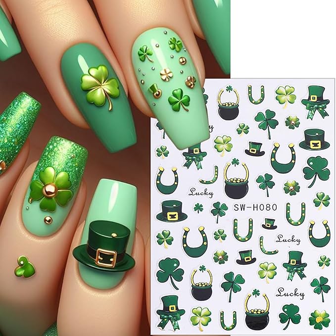 6 Sheets St Patricks Day Nail Stickers Green Laser Irish Shamrocks Nail Art Stickers Hat Horseshoe St. Patrick's Day Nail Decals 3D Self-Adhesive Lucky Clover Nail Decorations for Women Nail Designs