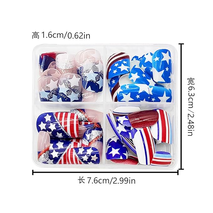 96Pcs Independence Day Press on Nails Short Square Fake Nails with Gold Glitter Design Red and Blue Color Scheme False Nails America Flag Stick on Nails for Women 4th of July Manicure Art