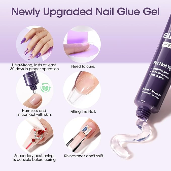 Gellen Semi Solid U V Nail Glue Gel for X Nail Tips, 4 in 1 Super Sticking for Press on Nail, Multifunctional Rhinestone Glue for Nails