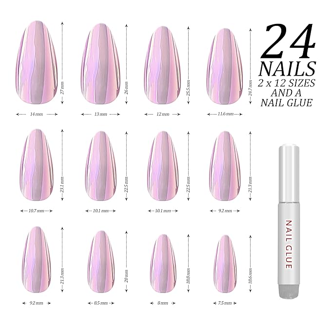Hypnaughty 24 Pcs Light Pink Almond Chrome Luxury Press On Nails and Glue Reflective Medium Long Pointed False Nails (Light Pink Almond Chrome)