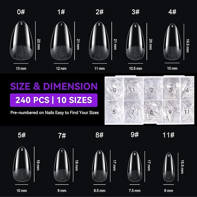 Gelike ec Short Almond Nail Tips: 240PCS Soft Gel Tips for Almond Shaped Full Cover Gel Nail Tips Pre Etched - PMMA Resin Clear False Nails 10 Sizes