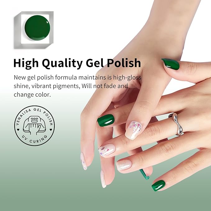 VENALISA Gel Nail Polish, 12ml Emerald Green Color Soak Off UV LED Nail Gel Polish Nail Art Starter Manicure Salon DIY at Home, 0.43 OZ