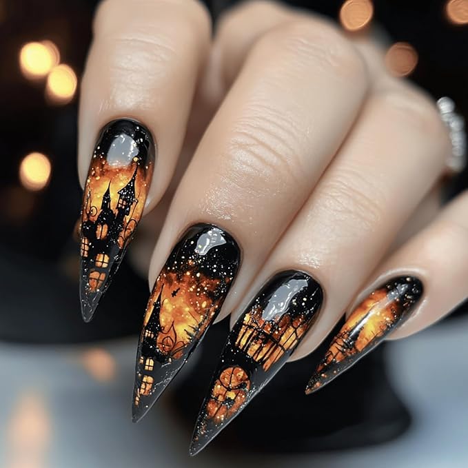 24 Pcs Halloween Long Stilettos Press on Nails, Full Cover Glossy Fake Nails, Flame & Ruined Castle Designs False Nails, Acrylic Stick on Nails for Women Nail Art