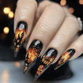 24 Pcs Halloween Long Stilettos Press on Nails, Full Cover Glossy Fake Nails, Flame & Ruined Castle Designs False Nails, Acrylic Stick on Nails for Women Nail Art
