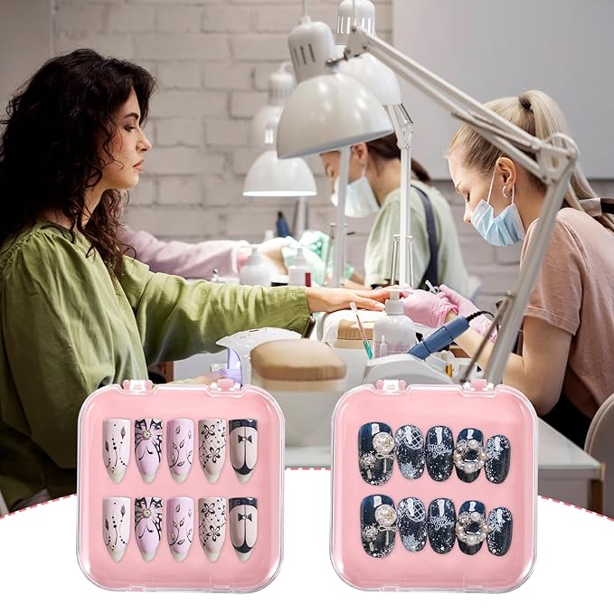 4PCS 2.95" Nail Art Display box Acrylic Press On Nail Storage Box Packaging Box with Adhesive Double Sided Tape for Nail Business Nail Art Nail Salon(Pink)