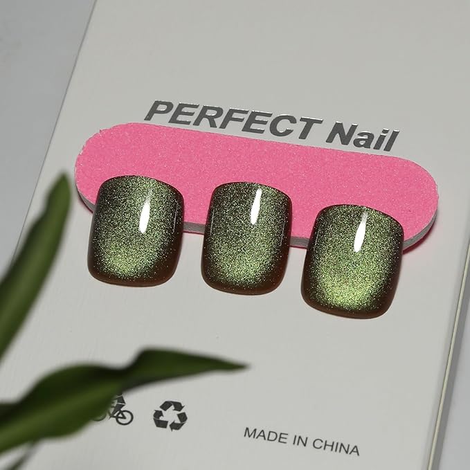 Crisp Green Press on Nails Short Square, Cat Eye Press on Nails, Fashion Gel Fake Nails, Reusable Acrylic Fake Nails, Glossy Stick on Nails, Thick Reusable Glue On Nails for Women, 24Pcs