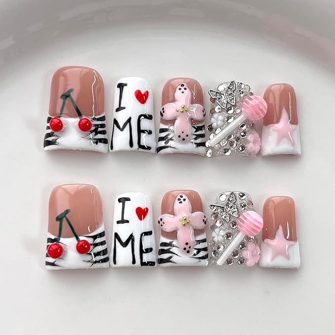 French Tip Press on Nails Handmade Short Duck 3D Flower Thick Acrylic Nails Cute False Nails with Lollipop Cherry Stars Designs White Glossy Fake Nail Sturdy Art Press on Nail 10Pcs(S)