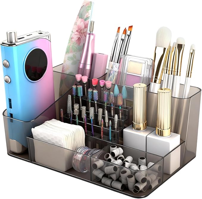 Nail Drill Holder & 28 Holes Nail Drill Bits Holder, Transparent Acrylic Nail Drill Machine Storage Box, Professional Nail Drill Organizer Case for Manicure tools (Gray)