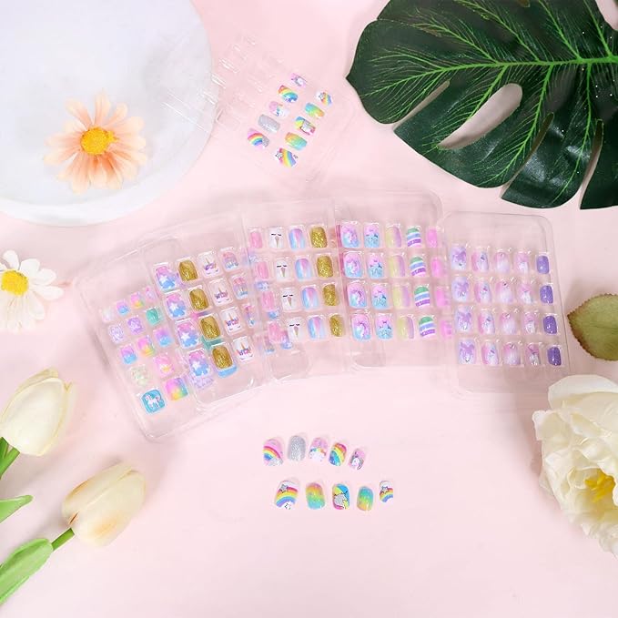 SIUSIO 124 Pcs 6 Pack Children Acrylic Fake Nails Press on Cute Pre-glue Full Cover Glitter Gradient Color Rainbow Short Kids Stick On False Nail Art Kits Set for Kids Little Girls - Dreamy Fairy