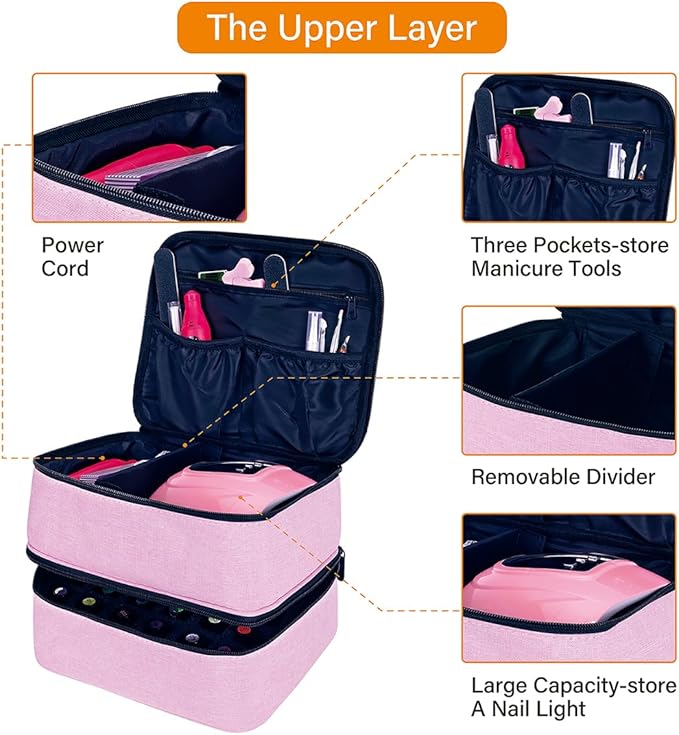 Nail Polish Organizer, Handheld Double Layer Organizer Holds 30 Bottles (15 ml/0.5 floz) with Adjustable Dividers for Nail Polish Small Manicure Lamp Manicure Tools Essential and Travel,Pink