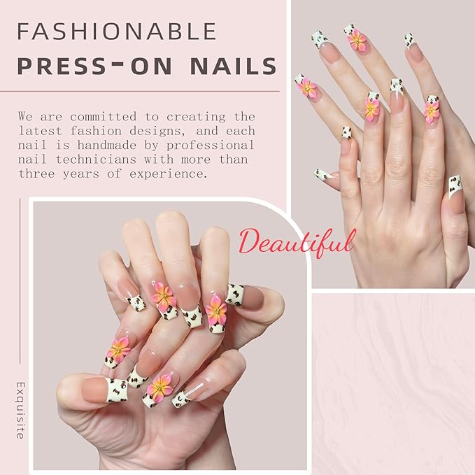 Nude Pink Handmade Press-On Nails – Long Coffin French Leopard Print & Floral Rhinestone Design | Thick Acrylic Full-Coverage False Nails (S-10PCS)