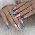RTKHFZE Press on Nails Long Blue French Tip Fake Nails Coffin Glue on Nails with Flower and Rhinestones Designs Acrylic False Nails Glossy Full Cover Stick on Nail for Women and Girls