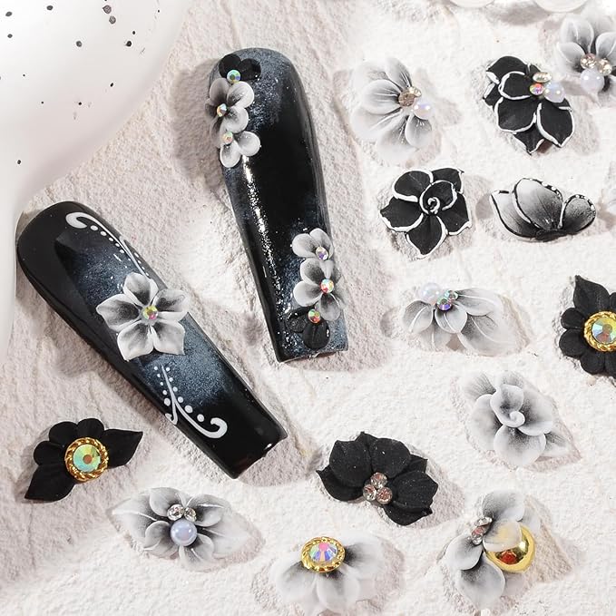 30PCS 3D Handmade Flower Nail Art Charms Advanced Handcrafted Cherry Blossom Flower Colorful Sculpted Floral Nails with Rhinestone Caviar Beads Design for Women Profession Nail Art Craft Jewelry