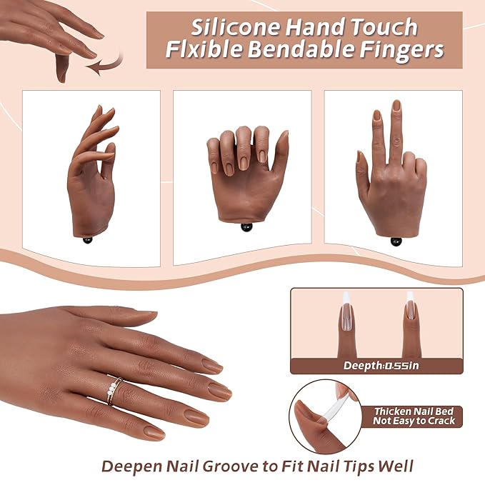 Veikmv Practice Hand for Acrylic Nails,Silicone Mannequin Hand with Flexible Fingers,Gel Polish & Nail Art Training, Manicure Practice Kit for Beginners