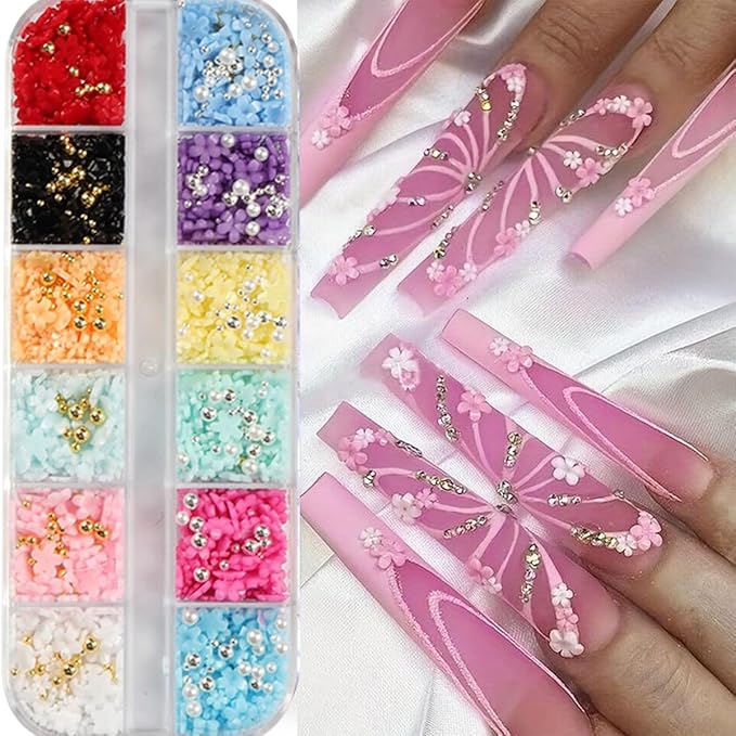 Flower Nail Charms Nail Art Kit with 30 Sheets Flower Nail Stickers 12 Boxes Colorful Flower with Rhinestone Nail Supplies 3D Nail Charms,Flower Nail Decals for Women Acrylic DIY Nail Art Decoration